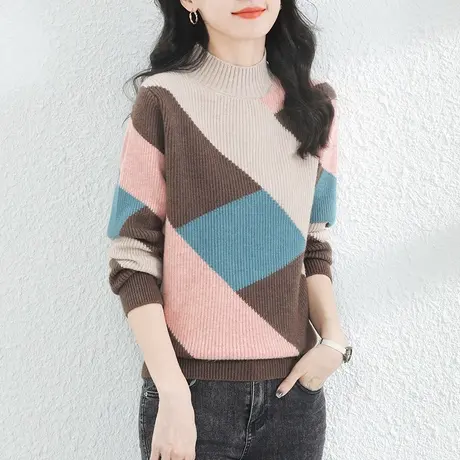 韩潮袭人温柔风半高领格子套头毛衣女秋冬新款长袖针织衫加厚内搭图片