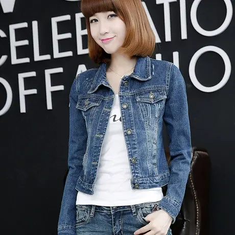 牛仔外套女短款修身韩版潮显瘦学生长袖春秋牛仔服上衣深蓝大码12商品大图