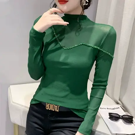 加绒加厚打底衫女秋冬性感网纱半高领T恤时尚设计感钉珠气质上衣商品大图