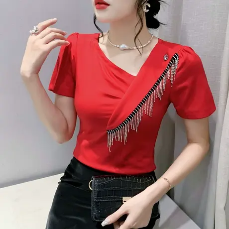 欧货设计感流苏V领T恤女短袖时尚洋气别致小衫修身显瘦斜领上衣夏商品大图