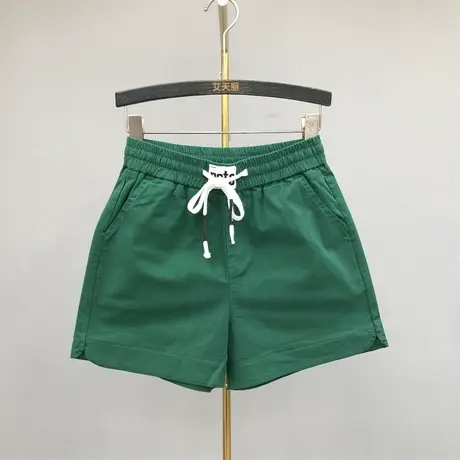 欧货绿色系带松紧腰休闲短裤女23夏季新款百搭高腰a字阔腿裤热裤商品大图