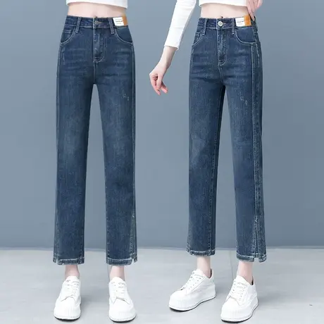 窄版直筒牛仔裤女小个子春季显瘦法棍裤子复古拼接开叉高腰烟管裤图片