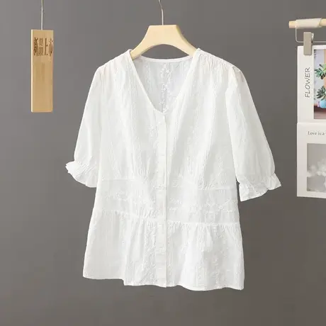 夏季新款纯色刺绣衬衫女短袖宽松2023年v领短款百搭上衣透气衬衣商品大图