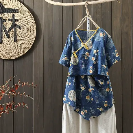 枫谜2021年夏季新款文艺碎花棉麻盘扣短袖衬衫女宽松V领茶服上衣图片