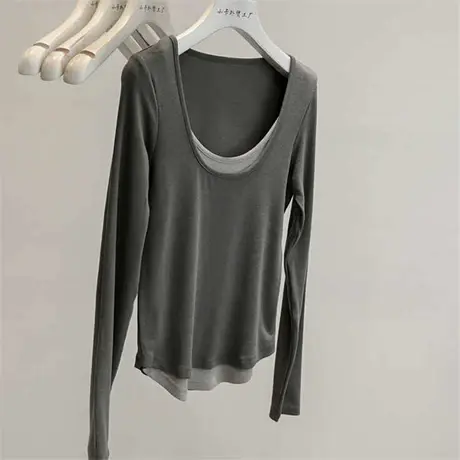 高级又有设计感~慵懒风叠穿假两件打底衫修身显瘦长袖上衣商品大图