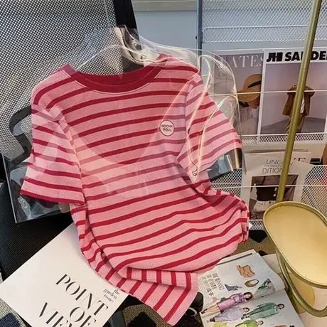 华夫格条纹短袖T恤女夏季新款宽松韩系ins潮原宿BF风半袖纯棉上衣图片
