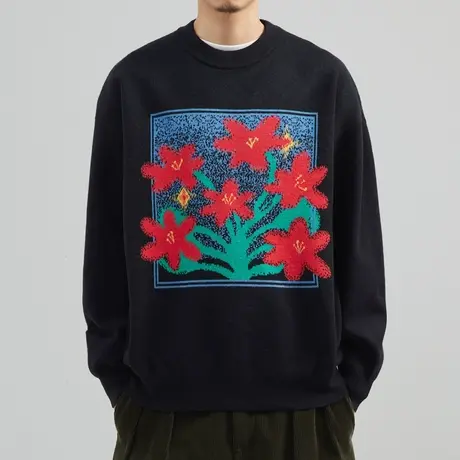 奕飏加厚毛衣冬2022新款男士针织打底衫韩版复古圆领套头黑色上衣图片