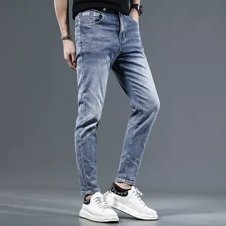 蓝色牛仔裤男2023夏季新款潮牌修身小脚弹力潮流男士薄款休闲长裤图片