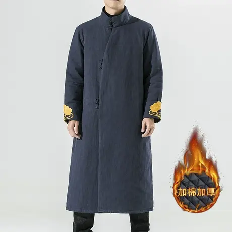 中长款过膝棉衣男冬季棉麻茶服棉袄大褂盘扣唐装长袍加厚道袍国风图片