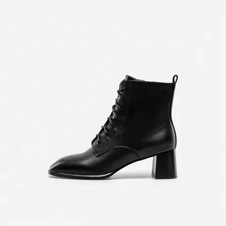 Nine West/玖熙2023冬季新款粗跟马丁靴女英伦风高跟靴子系带短靴图片