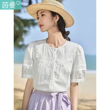 茵曼文艺绣花衬衫女2023夏季装新款圆领花边法式泡泡袖短袖上衣商品大图