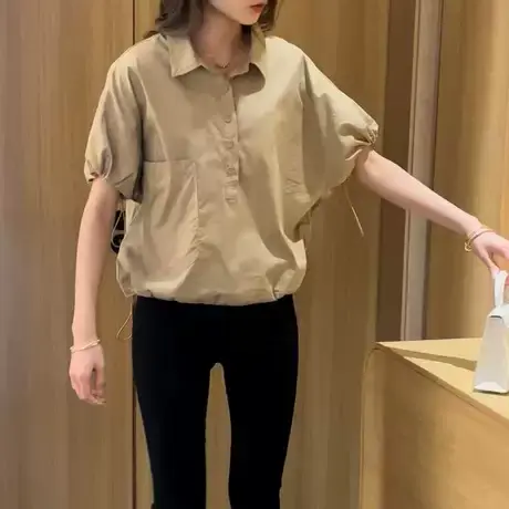 衬衫女2023新款韩版短袖夏季百搭气质上衣洋气设计感套头拉绳衬衣商品大图