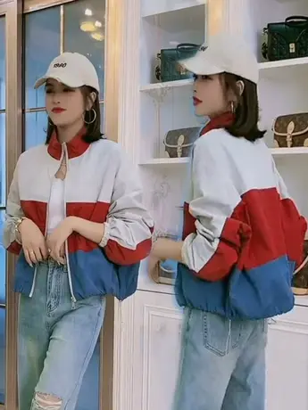 立领拼色棒球服外套女小个子2023春夏薄款防晒衫休闲宽松夹克上衣商品大图