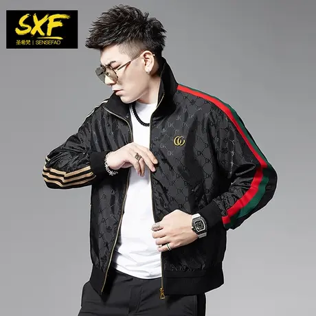 SXF圣希梵夹克外套男 秋季新款潮牌提花双色织带拼接宽松男士上衣商品大图