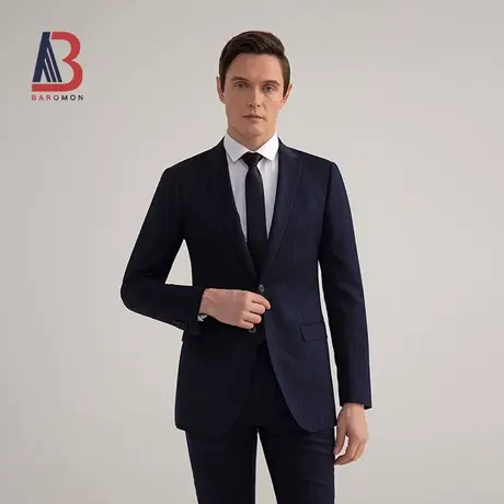 BAROMON/培罗蒙2023秋季新品商务羊毛西装藏青色条纹修身西服套装图片