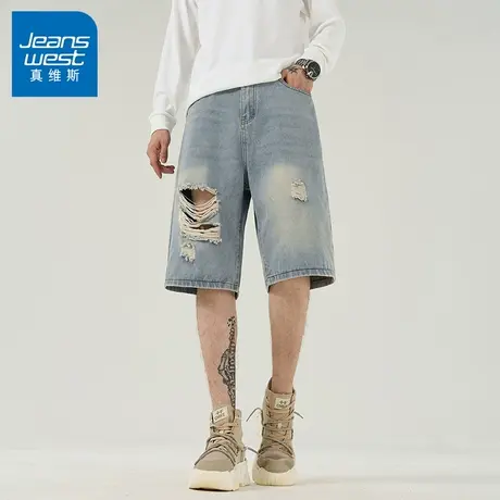 N5真维斯破洞牛仔短裤男2025夏季新款潮牌男装薄款百搭直筒五分裤图片