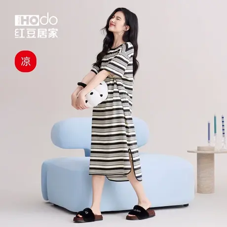 红豆【凉凉衣】短袖睡裙女夏天条纹睡衣大码休闲时尚可外穿家居服图片