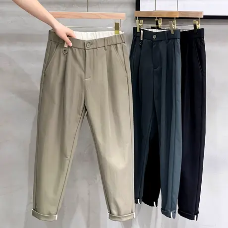 松紧腰休闲裤男2023新款春秋季潮牌直筒显瘦九分小西裤裤子男长裤商品大图