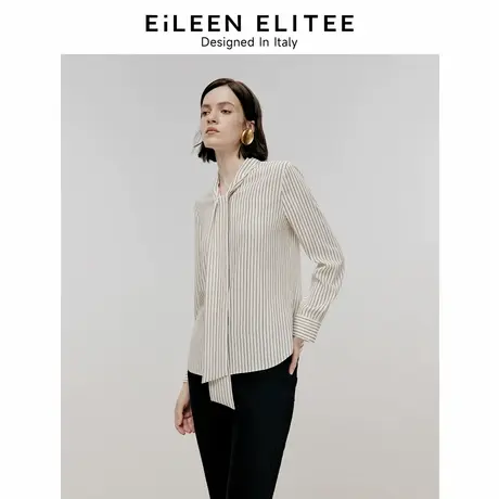 朗姿欧洲EiLEEN ELITEE2024冬季新款法式飘带领气质条纹衬衫上衣图片