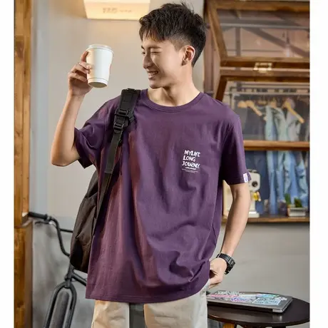 唐狮夏季新款短袖T恤男左胸多排文字印花圆领纯棉半袖上衣商品大图