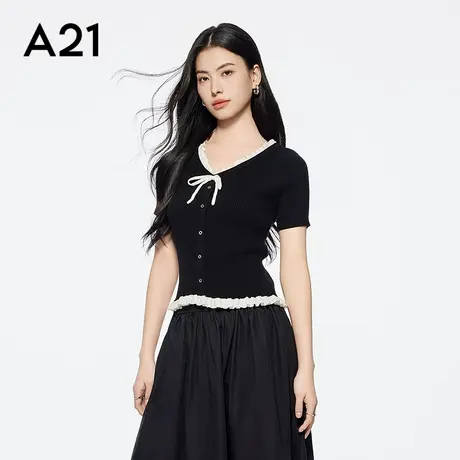 A21女装黑色V领蝴蝶结套头短袖毛针织衫韩版拼色上衣修身显瘦甜辣商品大图