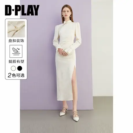 DPLAY秋季新中式立领收腰缎面白色连衣裙改良国风旗袍长裙女图片