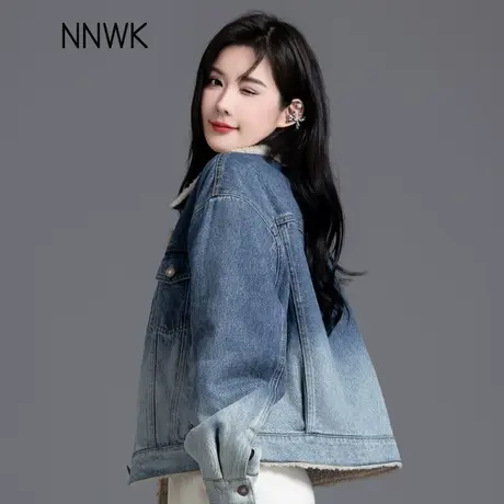 渐变蓝加绒牛仔外套女2024新款爆款冬季加厚保暖棉服仿羊羔绒夹克图片