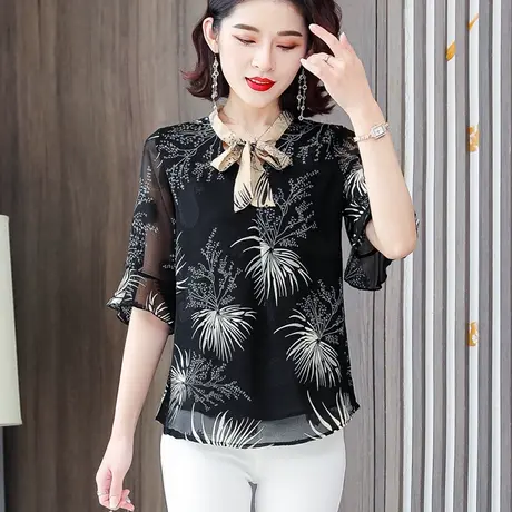 2023夏装新款洋气雪纺衫女上衣半袖遮肚小衫中老年夏季短袖T恤衫商品大图