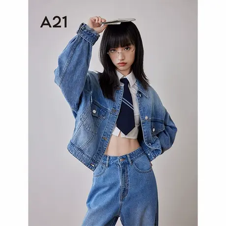 A21女装水洗牛仔外套春季2024新品翻领长袖立体裁剪慵懒风上衣商品大图