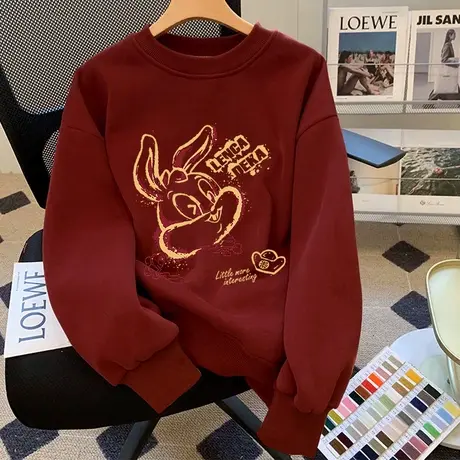 秋冬无帽小个子兔年卫衣女加绒vintage复古洋气ins潮大码酒红上衣商品大图