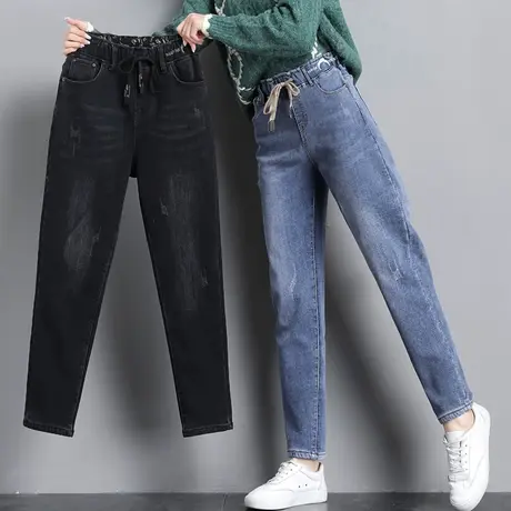 加绒牛仔裤女秋冬季萝卜直筒2023年新款女裤子松紧腰老爹裤哈伦裤图片