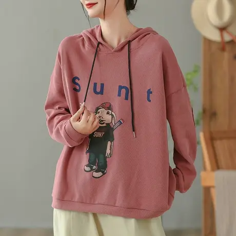 dza 复古纯棉印花连帽长袖上衣女士短款休闲外套春秋新款宽松卫衣图片