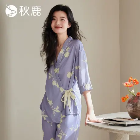 秋鹿南韩丝印花V领女士睡衣夏款仿真丝家居服女春夏七分袖九分裤商品大图