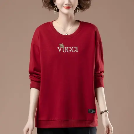 卫衣女春秋薄款加肥加大码女装宽松中年妈妈刺绣百搭圆领显瘦上衣商品大图