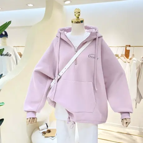 半开拉链下摆抽绳春秋简约字母后背印花宽松连帽卫衣女帽衫外套商品大图