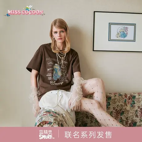 MISSCOCOON可可尼蓝精灵联名T恤上衣女2025秋季新款咖色纯棉短袖商品大图