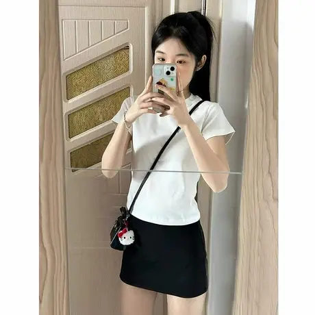 小个子白色正肩短袖t恤女夏季时尚简约修身显瘦百搭短款纯色上衣商品大图
