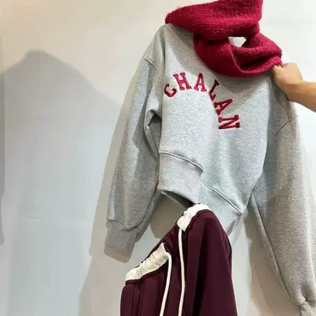 美式复古圆领长袖卫衣女秋冬加绒加厚宽松短款小个子字母刺绣上衣商品大图