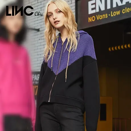 LINC金羽杰针织衫春新款拼接撞色连帽套头毛衣女宽松长袖911112商品大图