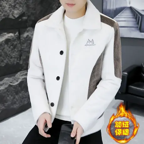 冬季仿水貂绒夹克男士加绒加厚休闲毛呢外套痞帅潮流拼色冬装风衣商品大图