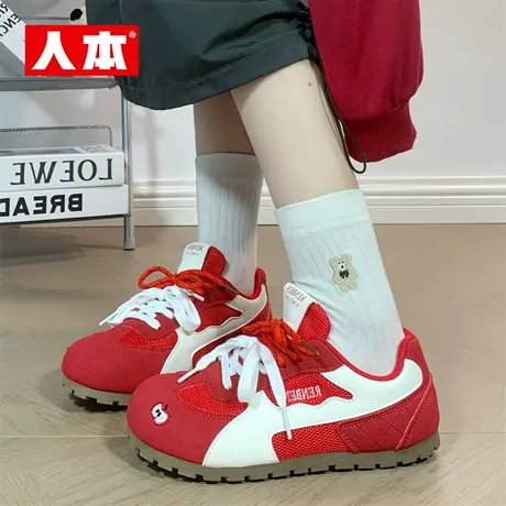 人本红色德训鞋女2025秋季新款透气薄底板鞋休闲百搭运动赛车鞋子商品大图
