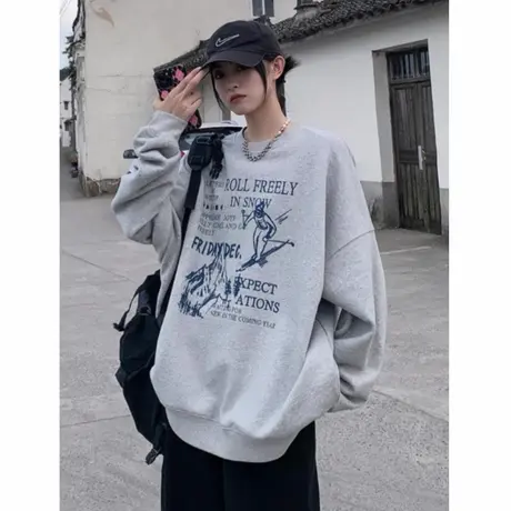 美式圆领灰色卫衣女早秋2025新款oversize慵懒风休闲百搭情侣上衣商品大图