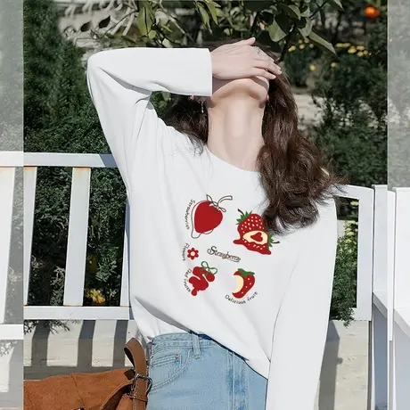 KHV真维斯白色长袖t恤女夏2025春秋新款宽松小个子打底衫纯棉上衣商品大图