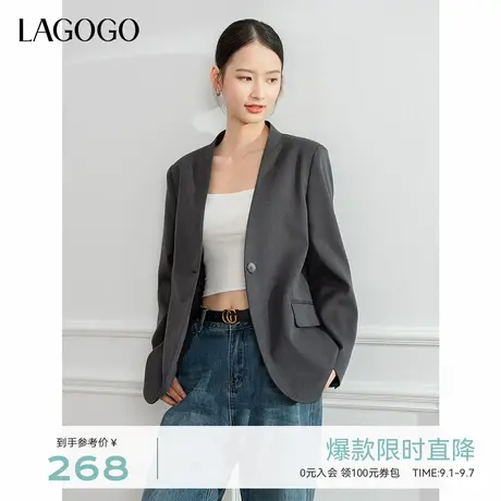 LAGOGO灰色V领简约西装外套女拉谷谷2024年冬新款通勤气质上衣图片