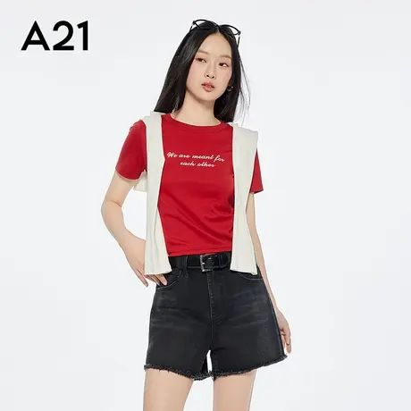 A21红色修身显瘦T恤简约休闲字母印花短袖棉上衣商品大图