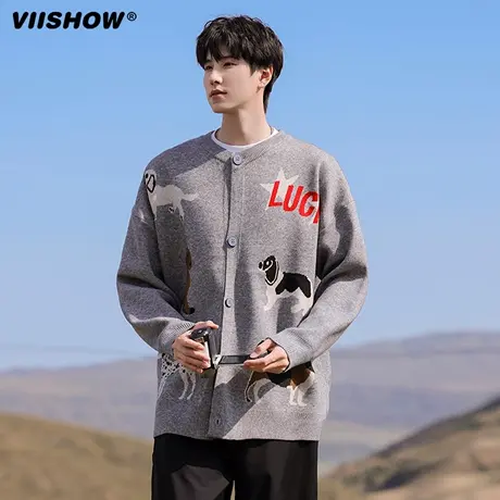VIISHOW秋季复古潮牌小狗提花开衫毛衣男宽松情侣慵懒针织衫外套图片