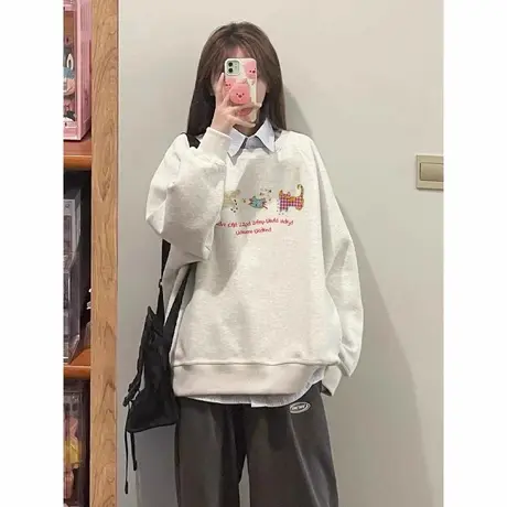vintage欧美大码无帽卫衣女甜酷风遮肚子加绒chic艺术生奶乖上衣图片