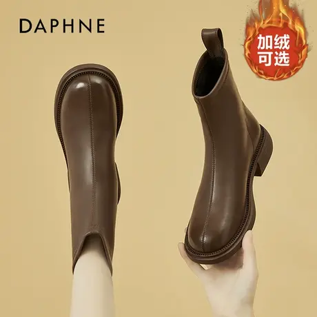 达芙妮棕色烟筒平底马丁靴女2026新款冬季加绒短靴软皮妈妈瘦瘦靴商品大图