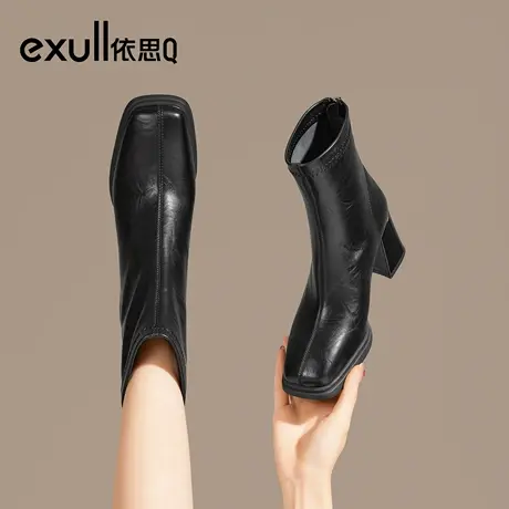 exull/依思Q2025秋冬新款粗跟方头时装靴女百搭舒适增高马丁靴商品大图