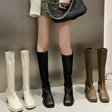 小个子白色长筒靴女不过膝2023秋冬季新款方头粗跟骑士靴高跟长靴商品大图